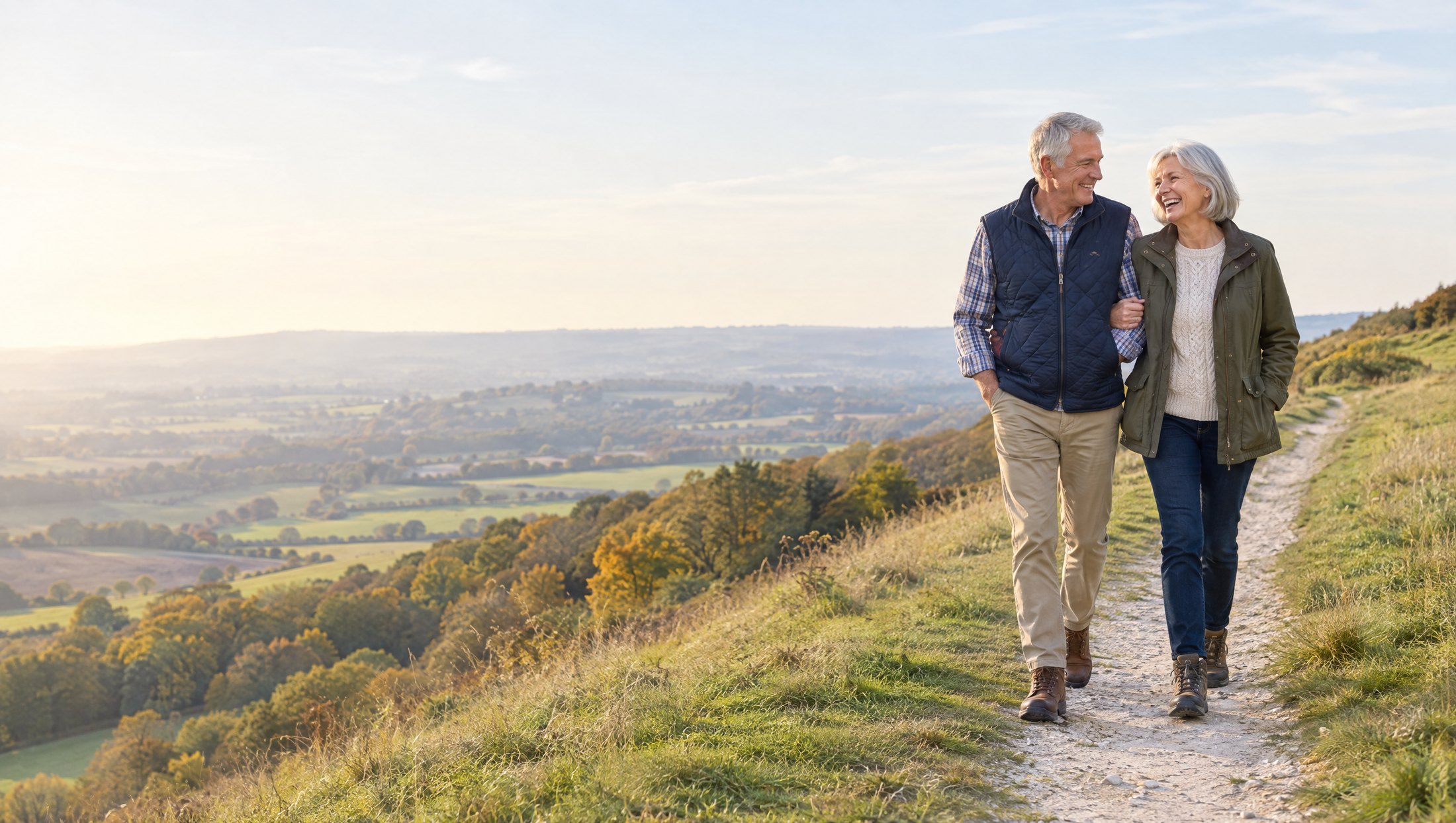 A couple in their sixties walking arm in arm along a chalk path in the Chiltern Hills